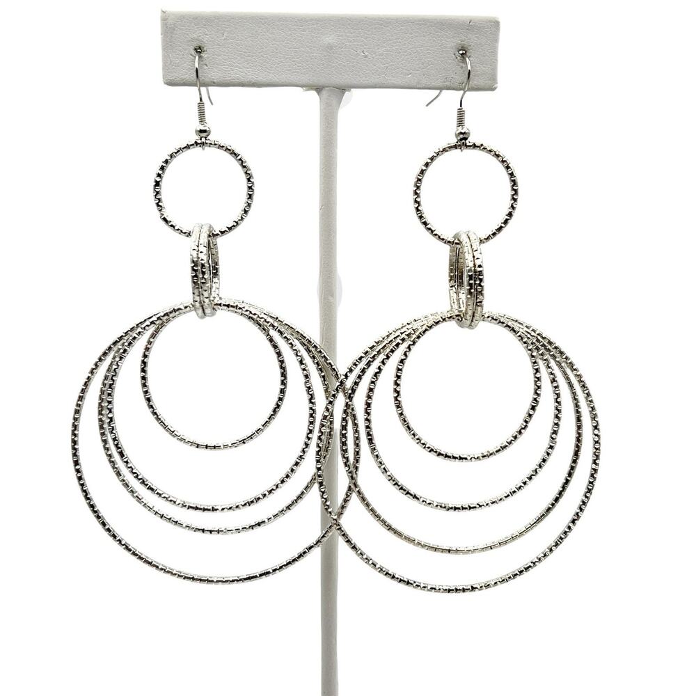 Multi Hoop Dangle Earrings Textured Silver Tone Retro Spin Swing Boho Festival